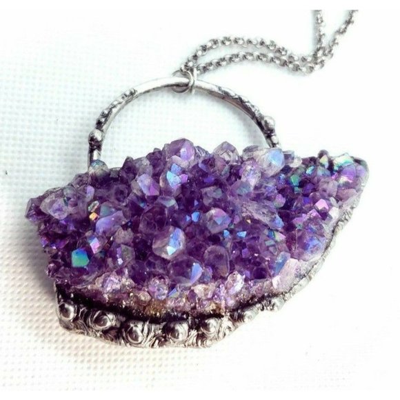 Amethyst rainbow geode crystal necklace bismuth aura amethyst - Picture 1 of 11
